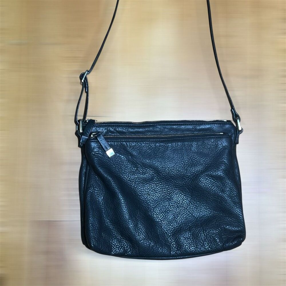 Margot, Genuine Leather Solid Black Crossbody Bag, Layered Zipper Compartments